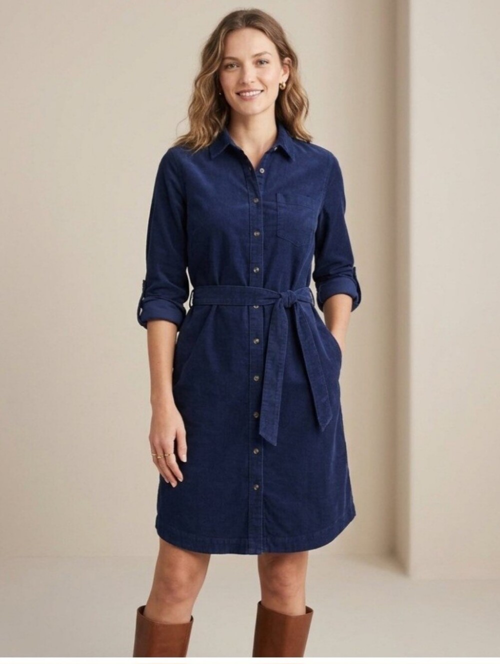 Lands' End Navy Blue Cotton Corduroy Long Sleeve Shirt Dress Size M New
